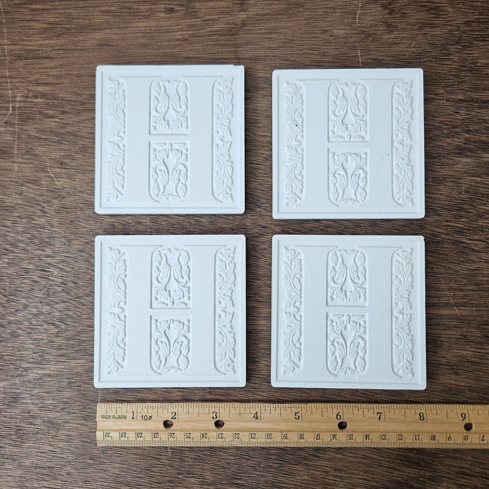 Vintage White Ceramic Monogram Initial H Coasters Set of 4 Embossed Cork Back 4"